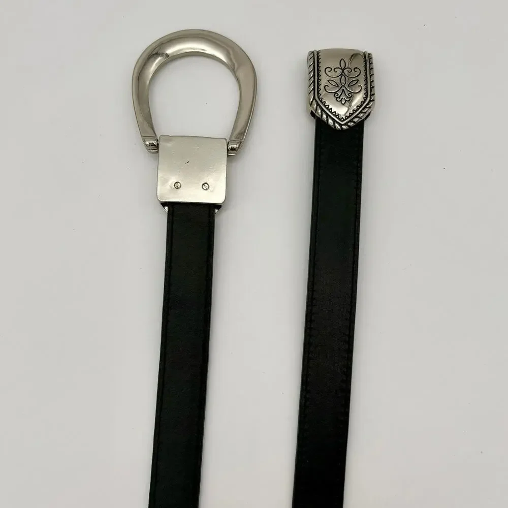 Chico’s Leather Hook Belt Black Silver Tone Western Boho Size S/M Adjustable